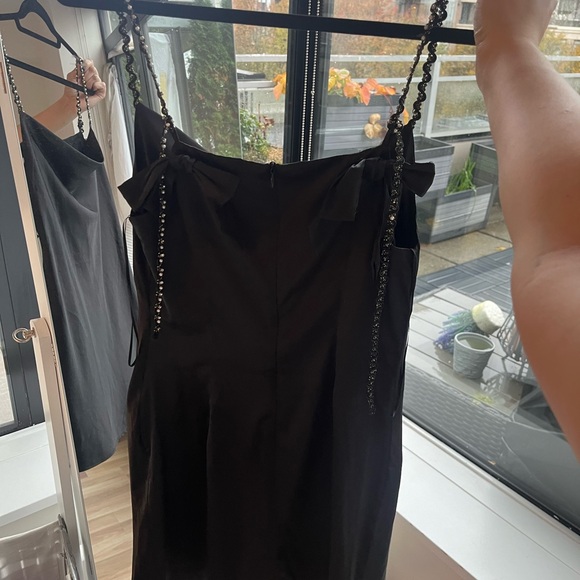 Black satin slip dress with rhinestone and pearl details and bows - Picture 2 of 4
